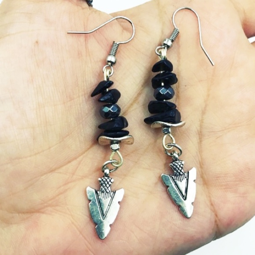 onyx & hematite silver arrow earrings